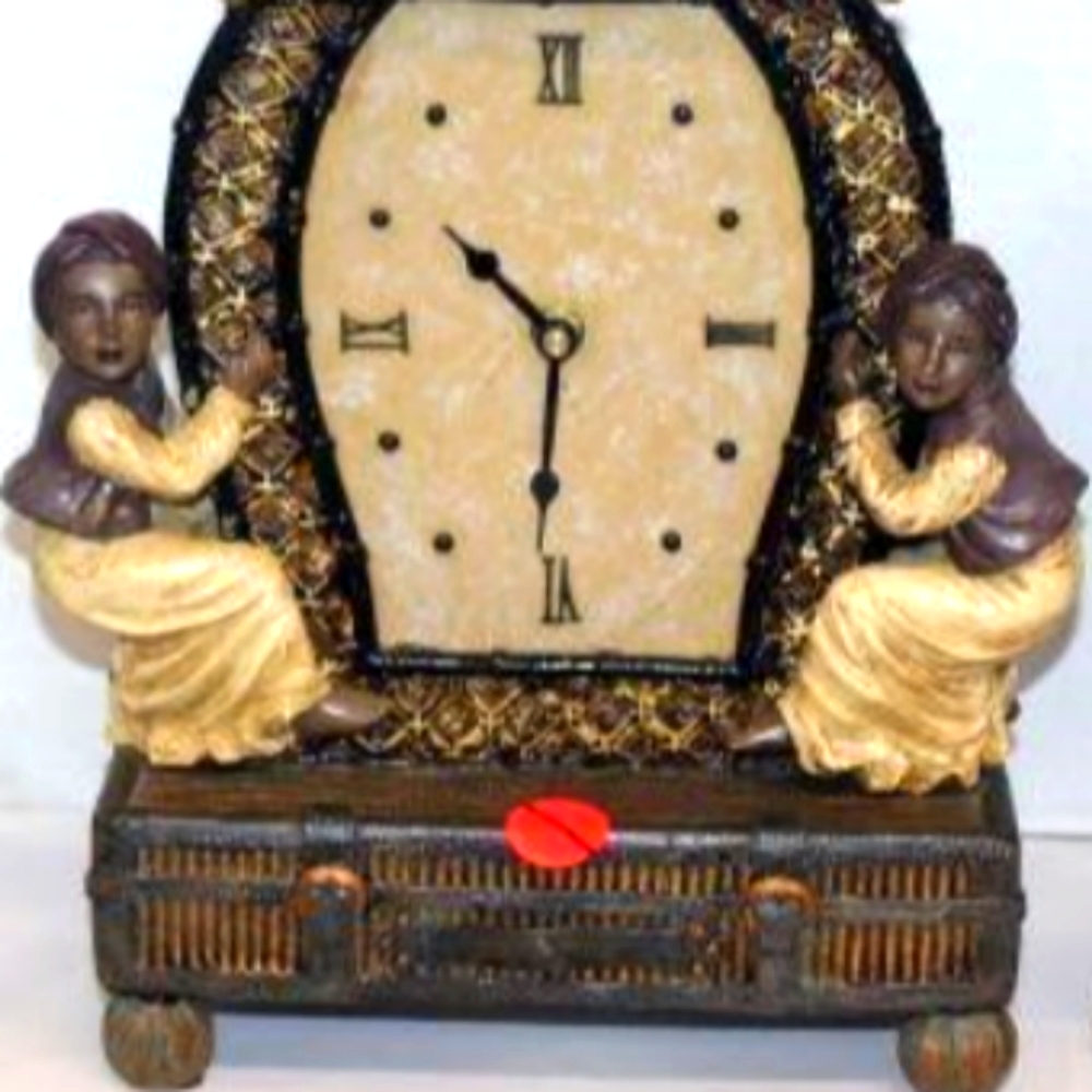 Sandton Designs Mantle Clock with PalmTree& 2 dark skinned young Gandhi Boys